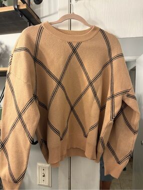 Tahari Camel Crewneck Sweater with Black Diamond Grid